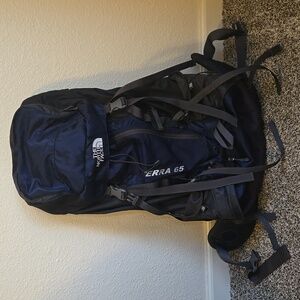 Northface Terra 65  full size hiking, camping backpack, navy and grey.
